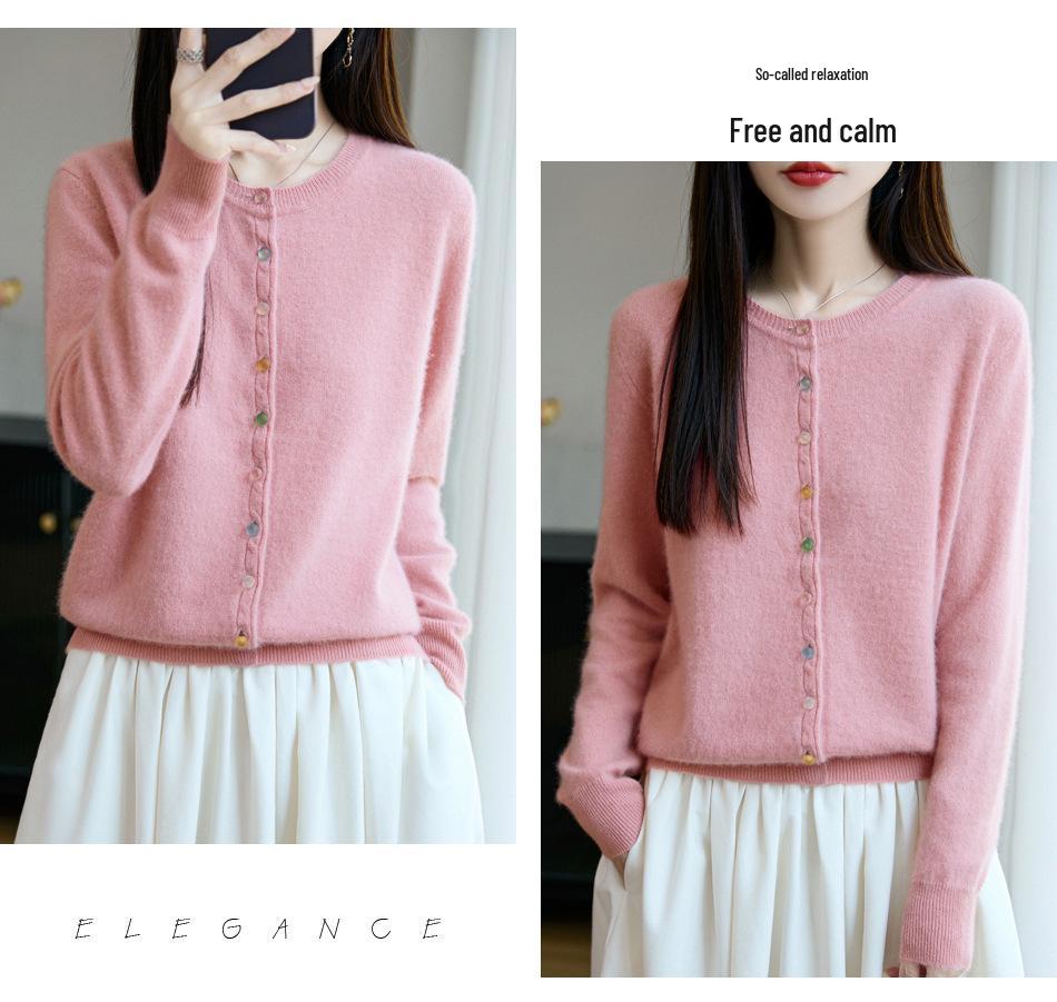 Women's Luxury Pure Wool Cardigan - Thick, Round Neck, Crystal Buttons, Autumn/Winter Style