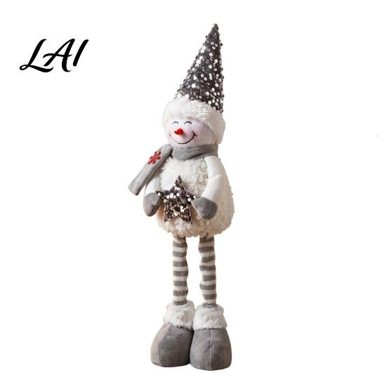Holiday Standing Snowman Doll Christmas Plush Sequins Hat Legs with Extendable Holding Star Decorative Dolls