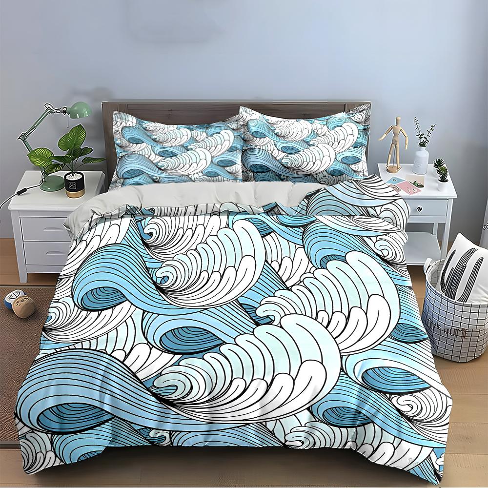 Blue and White Wave Pattern Bedding Set Bedding Set (1 Duvet Cover, 2 Pillowcases, Duvet Not Included)
