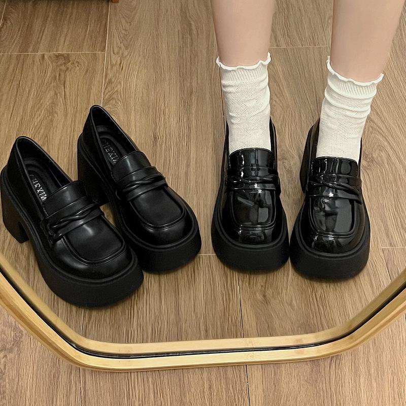 Japanese jk platform thick heel black one-pedal loafers French retro high heels women's 2025 autumn new models
