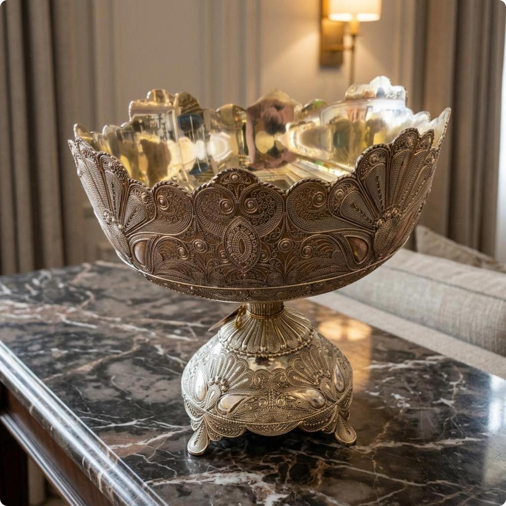 Pedestal Bowl Metal Embossed Floral for Tabletop S
