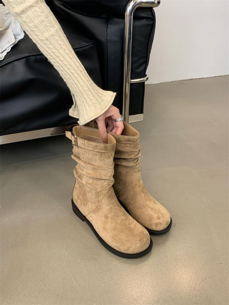 Flat-bottomed short boots women's 2025 new autumn and winter super fire stacking boots round head sleeve medium boots