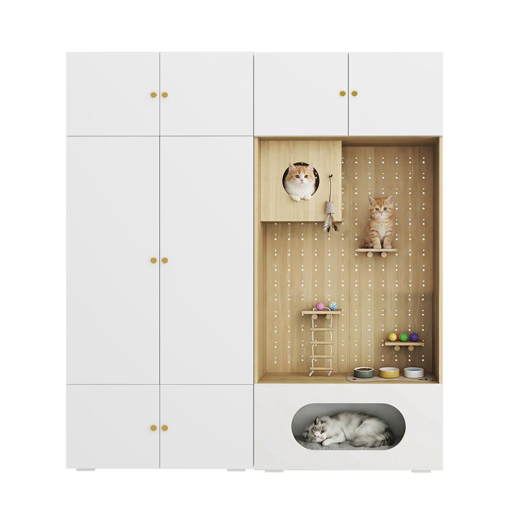 Kleiderschrank-Set, Haustierschrank, 180 x 50 x 200 cm, mit Kleiderstange, Katzenkletterwand und Kissen, für Schlafzimmer, Wohnzimmer und Flur, Weiß+Holzoptik