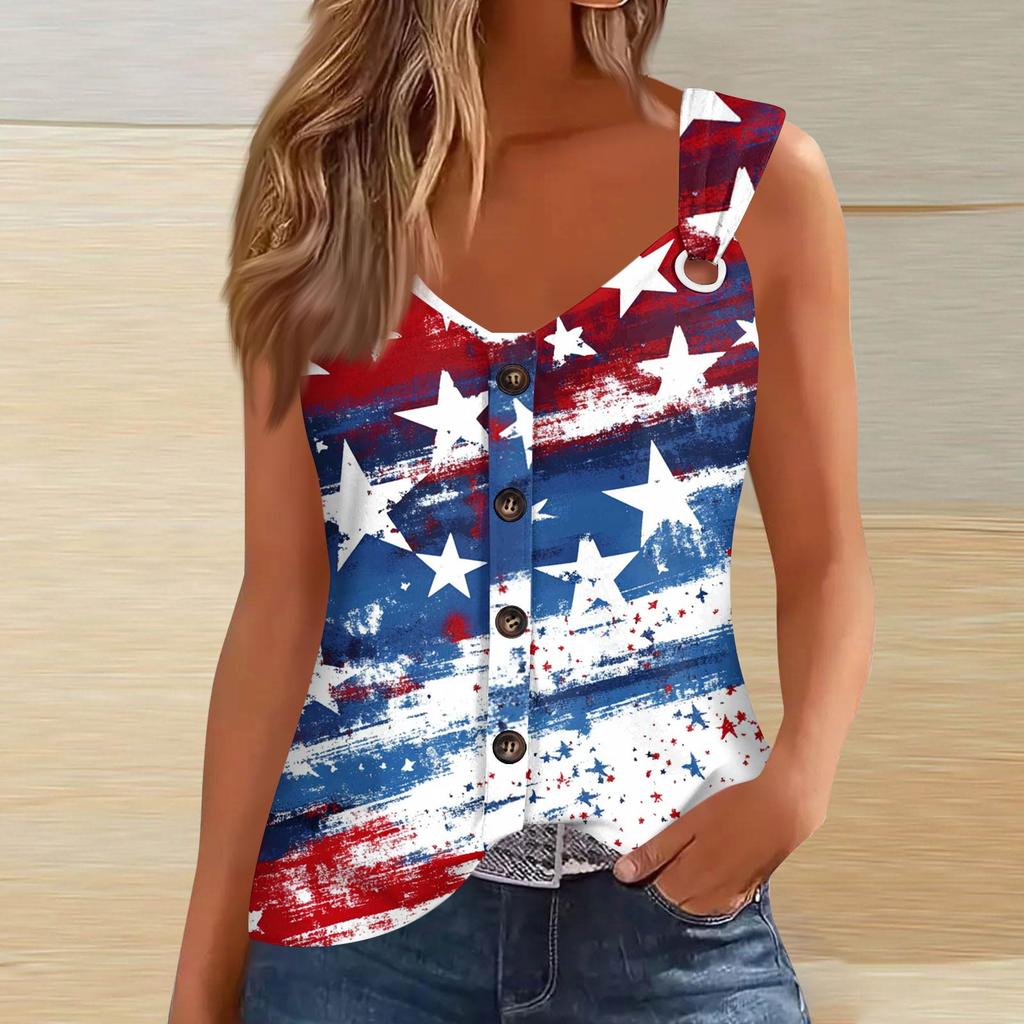 Women's Fashion Casual Loose Sleeveless Buttoned V-Neck Independence Day Printed T-Shirt Top