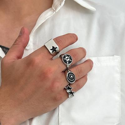 4 Pcs Punk Black Star Rings Set for Women Men Fashion HipHop Silver Color Geometric Thick Finger Ring Y2K Unisex Jewelry Gifts
