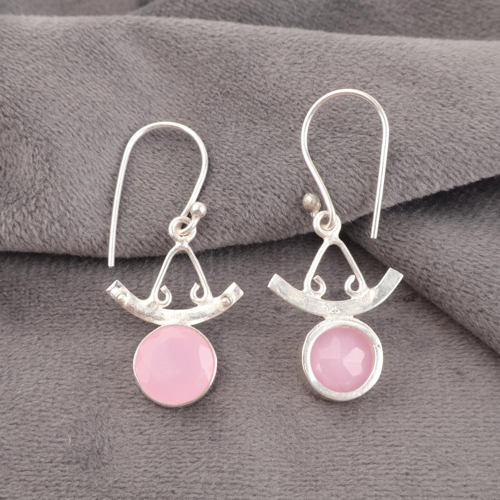 Rosenchalcedon Edelstein 925 Sterlingsilber Handgefertigter Schmuck Hakenohrringe 1.63" EE-152-16