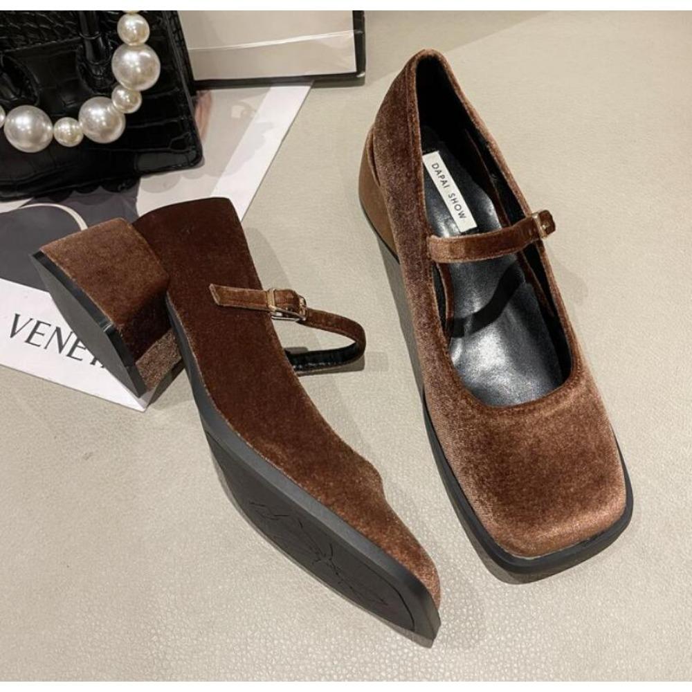 Mary Janes Shoes Female Golden Velvet New Square Toe College Style Casual Pumps Shallow Buckle Shoes High Heel Shoes