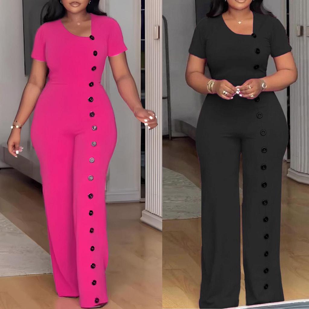 Irregular Neckline Waist-Gathering Wide-Leg Jumpsuit
