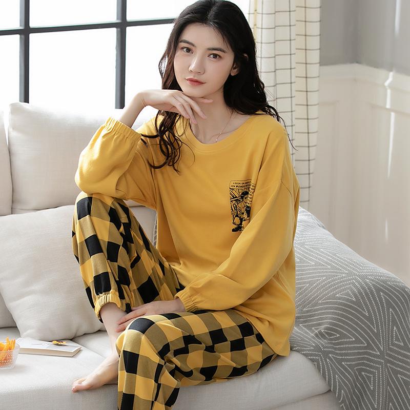 100% Cotton Women's Pajama Set – Breathable, Sweat-Absorbent, Long Sleeve Crew Neck for Indoor & Outdoor Wear (Autumn/Winter)