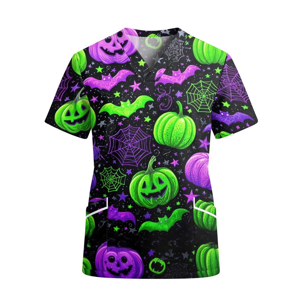 Women's Fashion V Neck Short Sleeve Work Shirt with Pockets Halloween Themed Print Top Suitable for Professional and Casual Wear