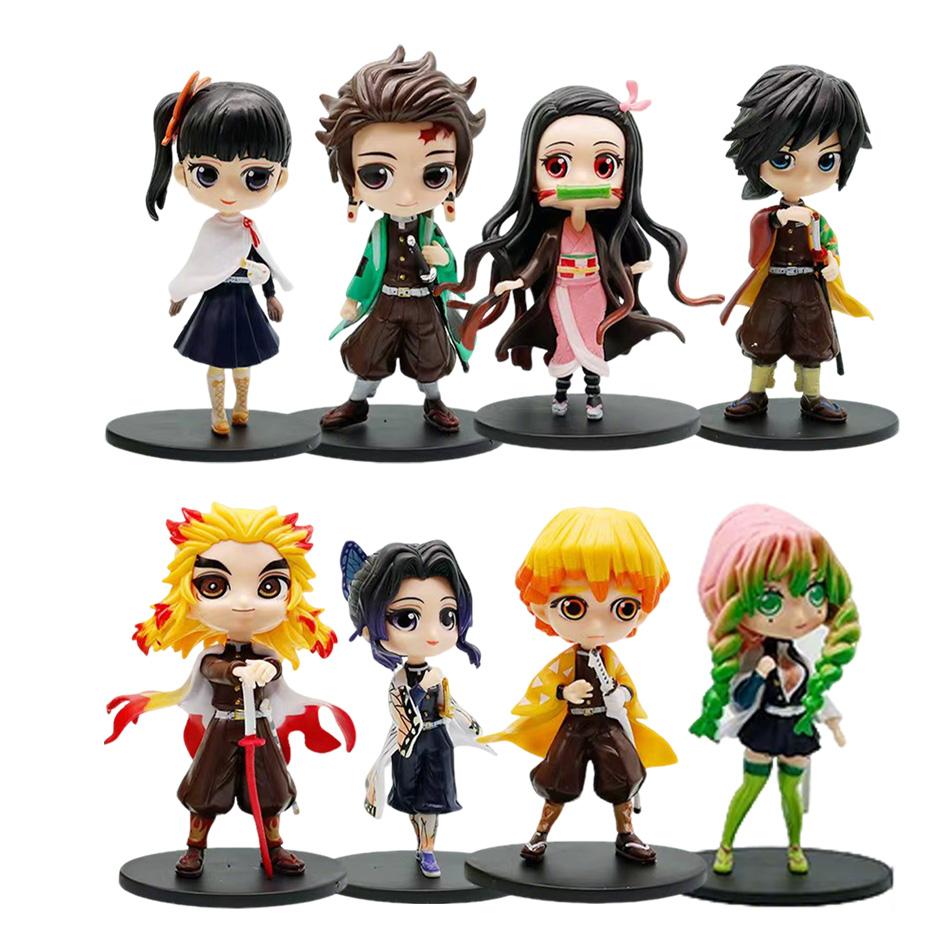 Demon Slayer Kimetsu No Yaiba Mini Figurines Set of 8 Q Posket PVC Dolls for Desktop Decoration Collectible Anime Figures
