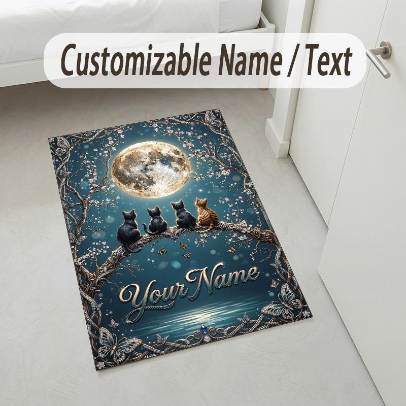 Cat Theme Crystal Velvet Rug Personalized Custom Name Text Soft Floor Mat Home Decor