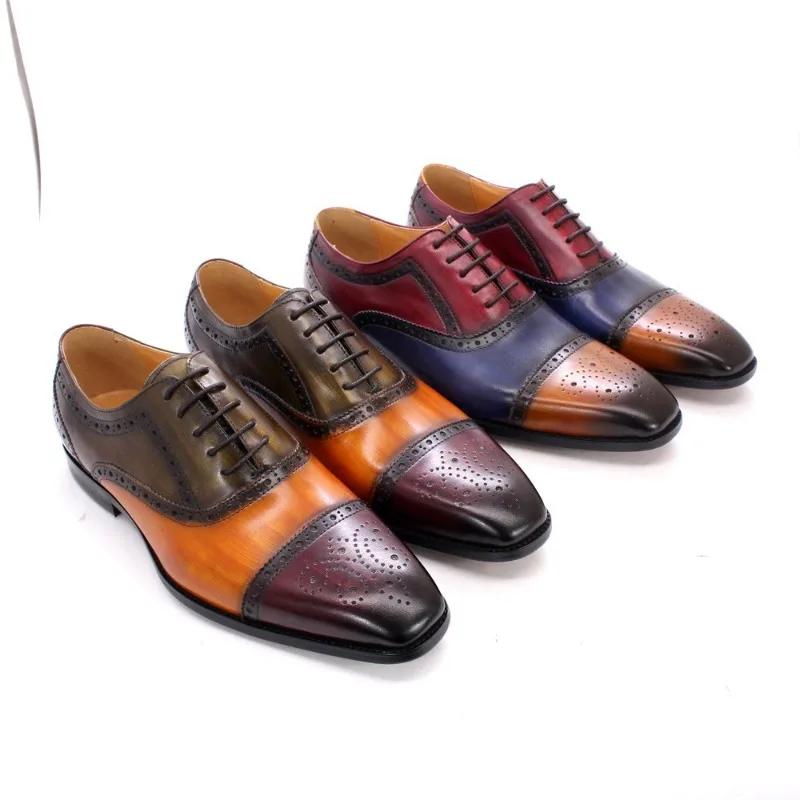 2024 Luxury Brogue Handmade Mens Dress Shoes Calf Leather Cap Toe Oxford Colorblock Lace Up Wedding Party Formal Shoes for Men