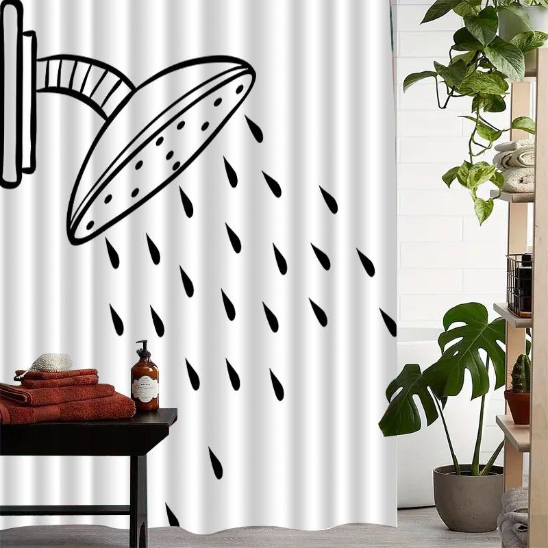 Black and White Cartoon Shower Curtain with Raindrops Waterproof Bath Decor Minimalist Artistic Bathroom Curtains