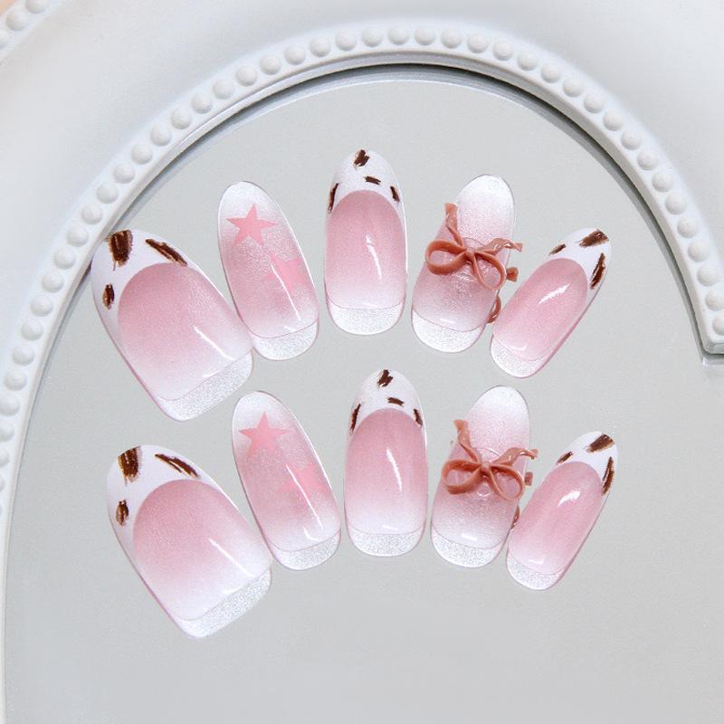 Süße Rosa Stern Französischer Streamer Katzenaugen Schleife Süße Mädchenhafte Abnehmbare Tragbare Nägel 30 Stück