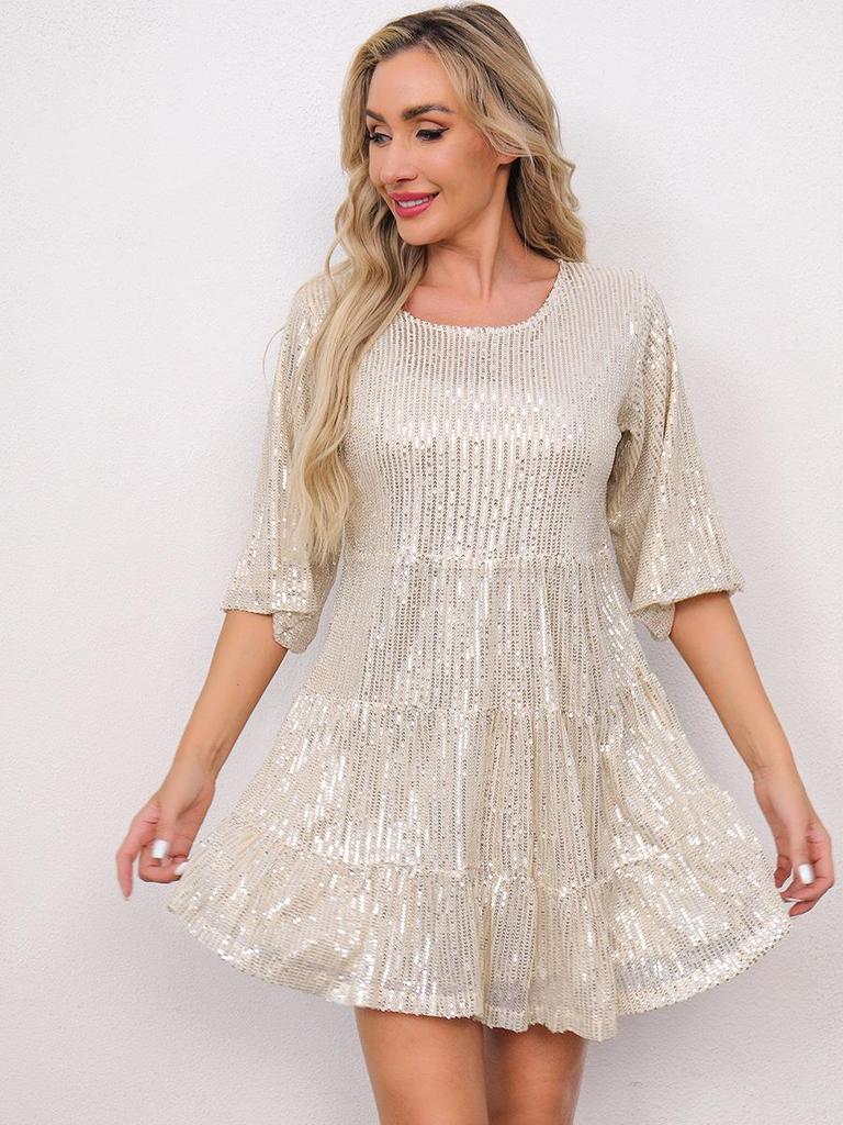New Hot Style Fashion Sequin Dress: Solid Color, Loose Waist, Short Sleeve Skirt for Banquets