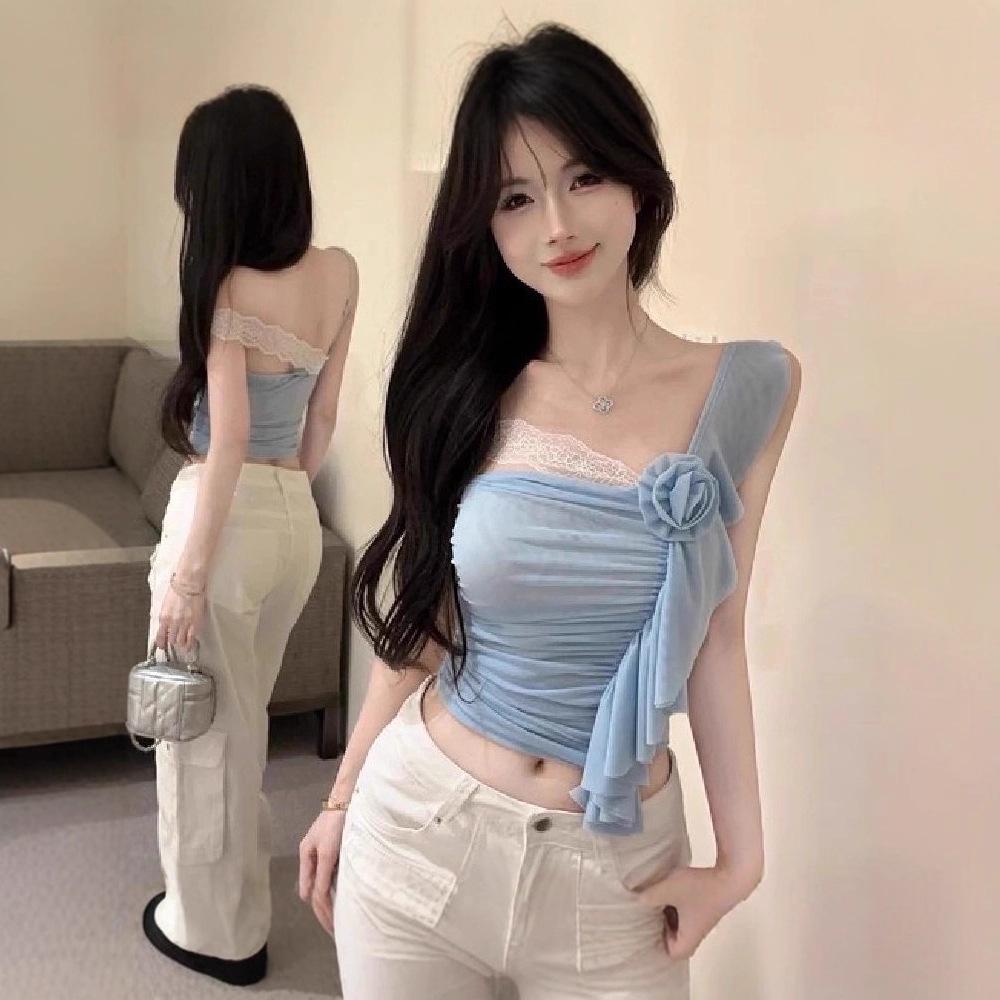 Trendy Lace Patchwork Off-Shoulder Slim-Fit Korean Top