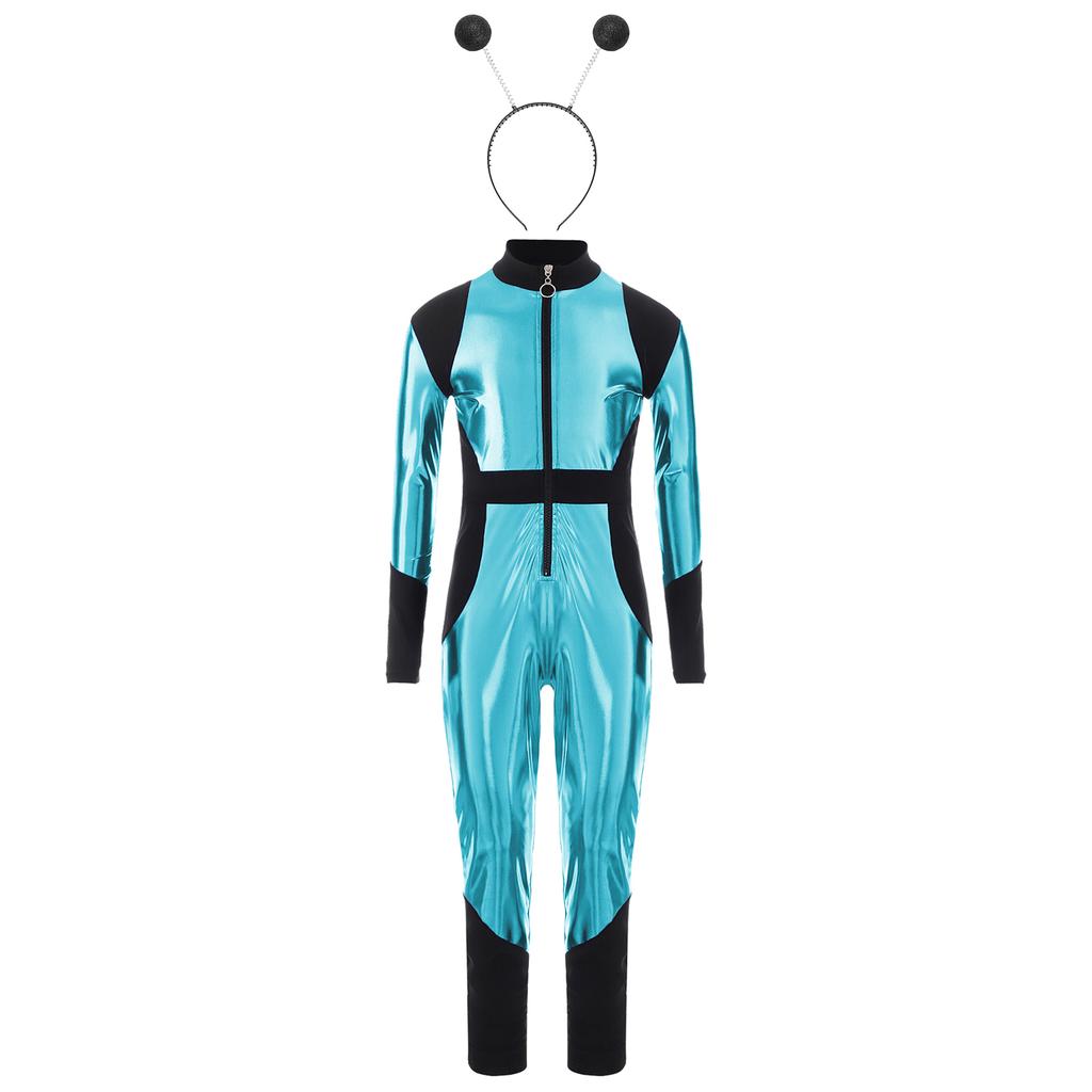 Dětský kostým mimozemšťana Cosplay Dlouhý rukáv Vysoký pas Lesklý kovový zip Kombinéza Halloweenský body