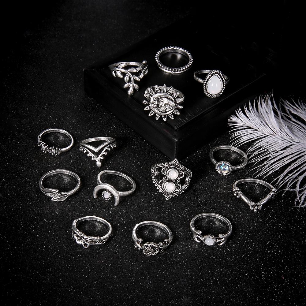 European & American Sunflower, Moon & Water Drop 14-Piece Ring Set with Intricate Floral and Diamond Accents