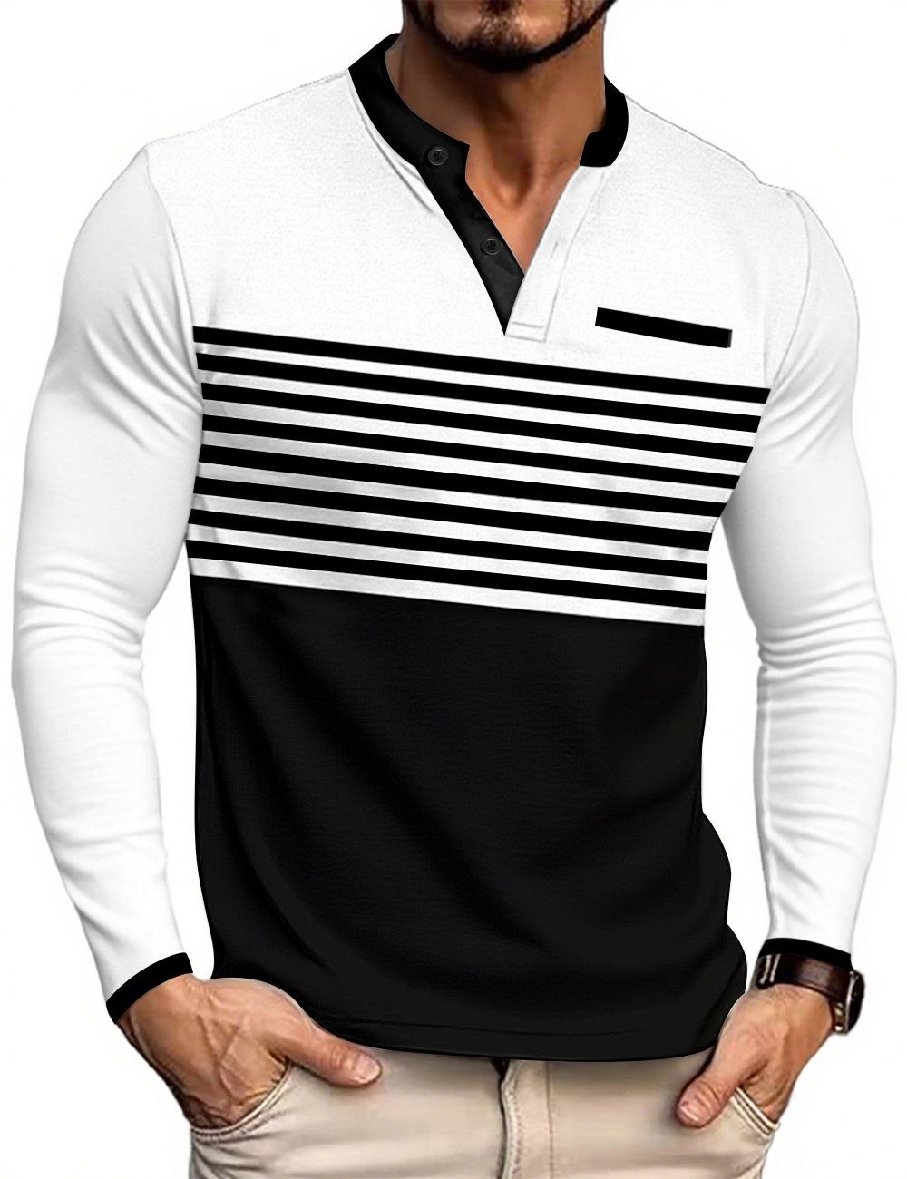 European and American summer new men s long-sleeved V-neck contrasting color striped slim-fit business casual t-shirt S