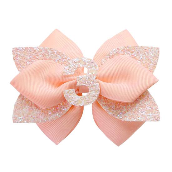 Pink Birthday Hair Bow for Baby 1-6 Years Glitter Sequin Party Hairpin Satin Ribbon Bow with Elastic Tie & Metal Clip Sparkling Number Hair Accessory