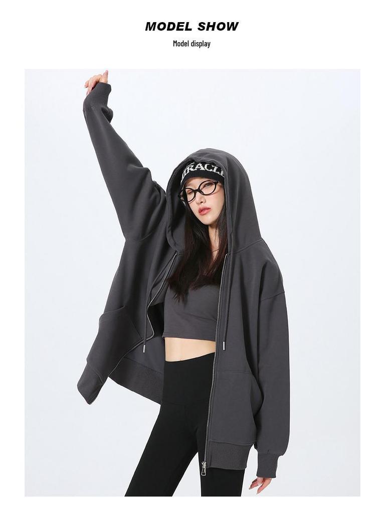 Korean-Style High-End Women's Drop Shoulder Hoodie Sweatshirt - Autumn 2024 Loose Casual Long-Sleeved Cardigan Jacket