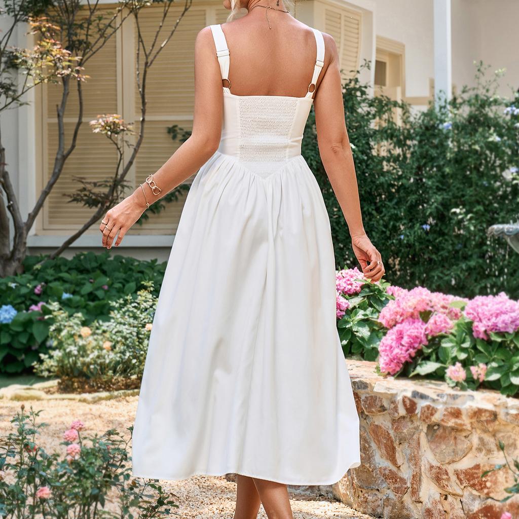 New temperament square neck suspender dress, European and American sexy backless dress, waist and thin holiday style dress