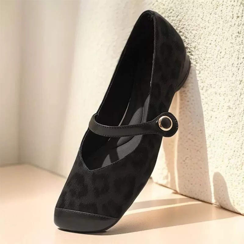 French square head flat bottom shallow mouth single shoes  spring and autumn new low-heeled leopard print one-word belt buckle  shoes