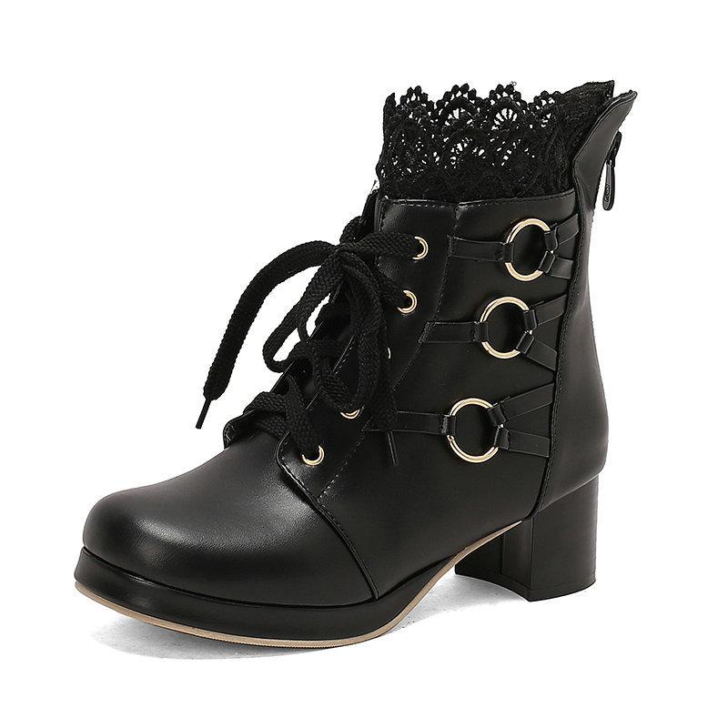 Short Boots Lace Belt Buckle Hollowed Out LO Lolita Shoes Student Dress Short Boots and Ankle Boots