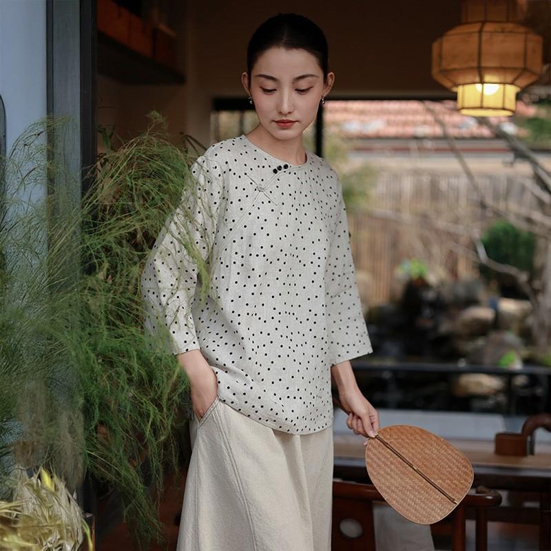 Johnature Women Chinese Style T-Shirts O-Neck Seven Sleeve Spring Loose Polka Dot Women Casual T-Shirts