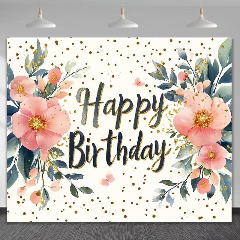 

2D Gold Dots Birthday Backdrop, Navy Blue & Pink Floral Background Cloth for Adult Birthday Photoshoot 47.2x31.5inch/120*80cm