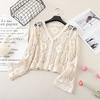 Fashion V-neck Single Breasted Crocheted Flower Cut Out Knitting Cardigan Outer Long-Sleeves Air Conditioning Shirt Sun Protection Clothing for Women