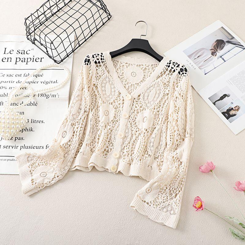 Fashion V-neck Single Breasted Crocheted Flower Cut Out Knitting Cardigan Outer Long-Sleeves Air Conditioning Shirt Sun Protection Clothing for Women