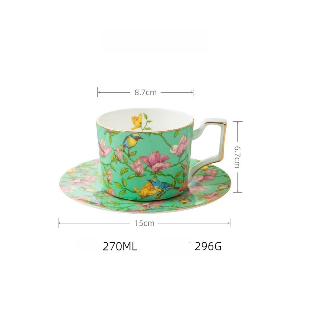 Ceramic Coffee Cup and Saucer Set 270ml Floral Bird Pattern Gold Rim for Tea 4 Colors
