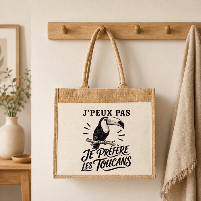 Sac Cabas Jute avec Poche J’peux pas je préfère les Toucans J'peux pas minimaliste | Toile de Jute et Coton 21 L Fond Plat Anses 65