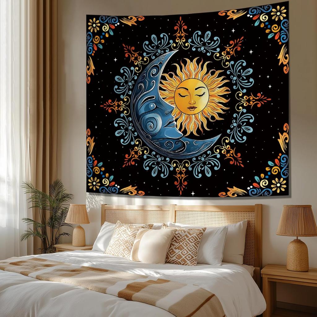 Sun and Moon Tapestry Wall Hanging, Boho Hippie Vintage Celestial Starry Sky Tapestries, Flower and Stars Wall Decor for Bedroom