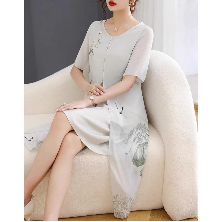 Chinese Traditional Cheongsam Dress Summer Floral Print Loose Fit Comfortable Breathable Fabric Vintage Style for Women