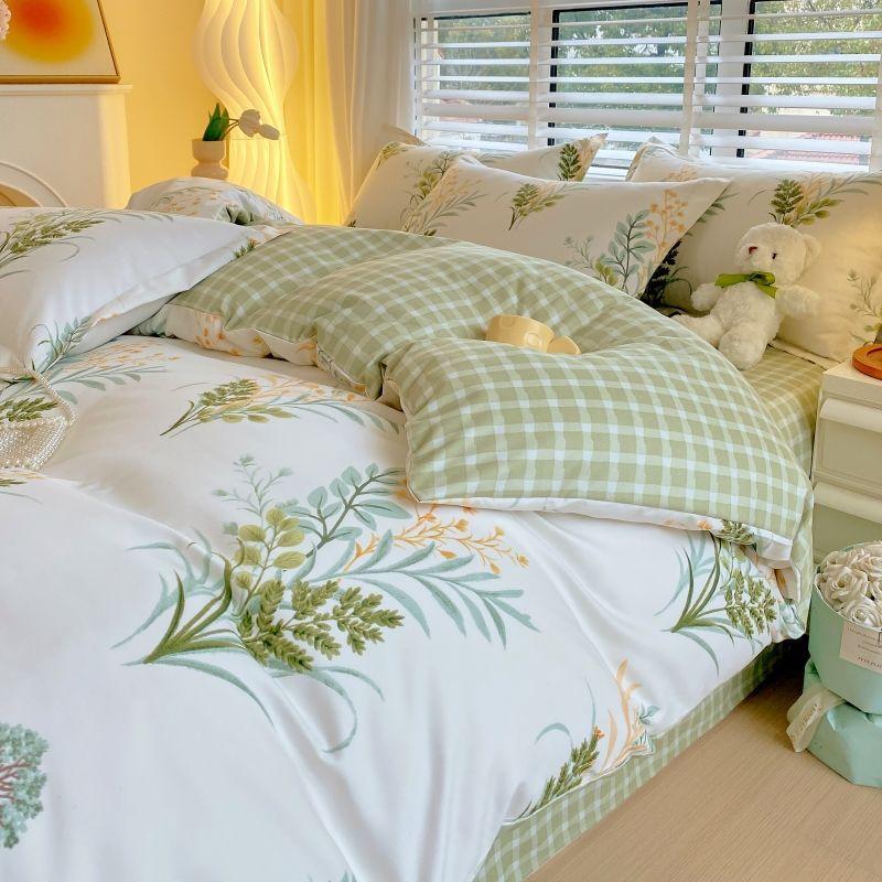 Thickened Pure Abraded Four-piece Set, Single Double Skin-friendly Twill Bed Sheet, Quilt Cover, Dormitory Three-piece Set, Bedding