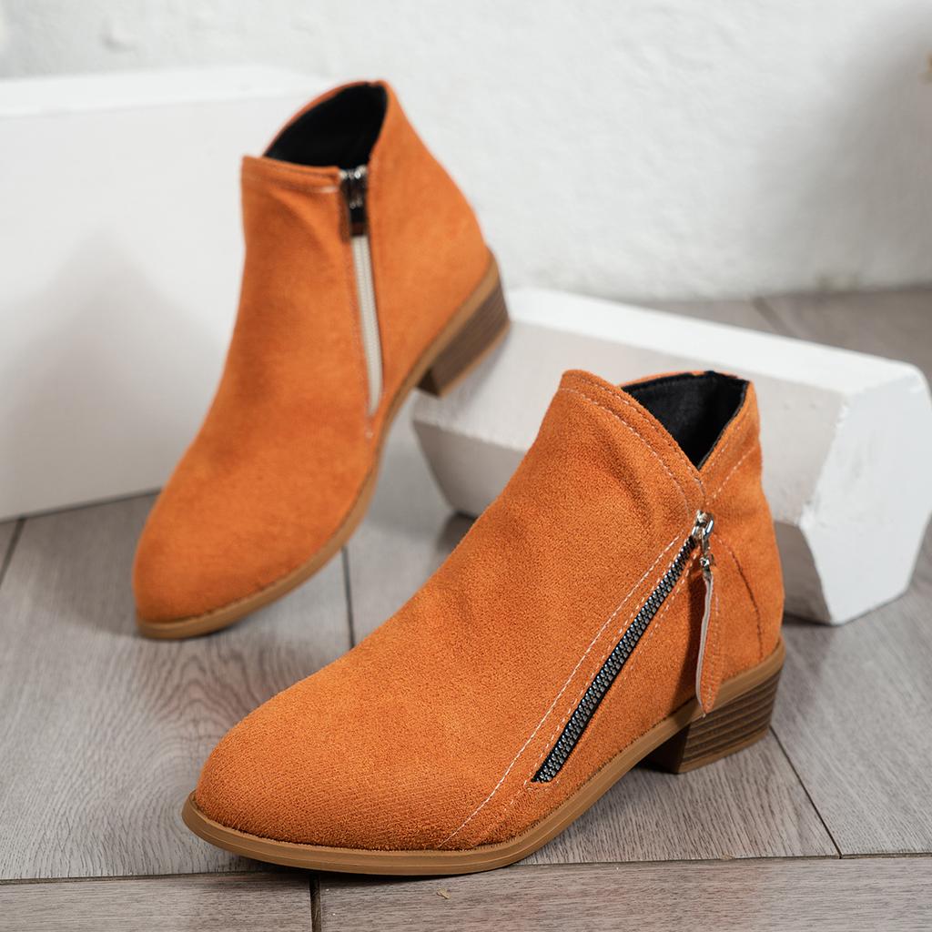 2025 New Arrival Plus Size Pointed Toe Low Heel Side Zipper Fashion Boots Women's Reverse Leather Low-Cut Fashion Short Boots