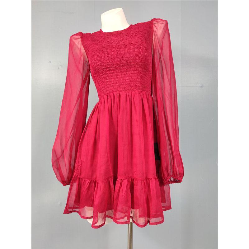 Export Single Lu Rose Red Fairy Light Plaid Elastic Stretch Chest-Flattering Dress Long Sleeve Big Hem Skirt