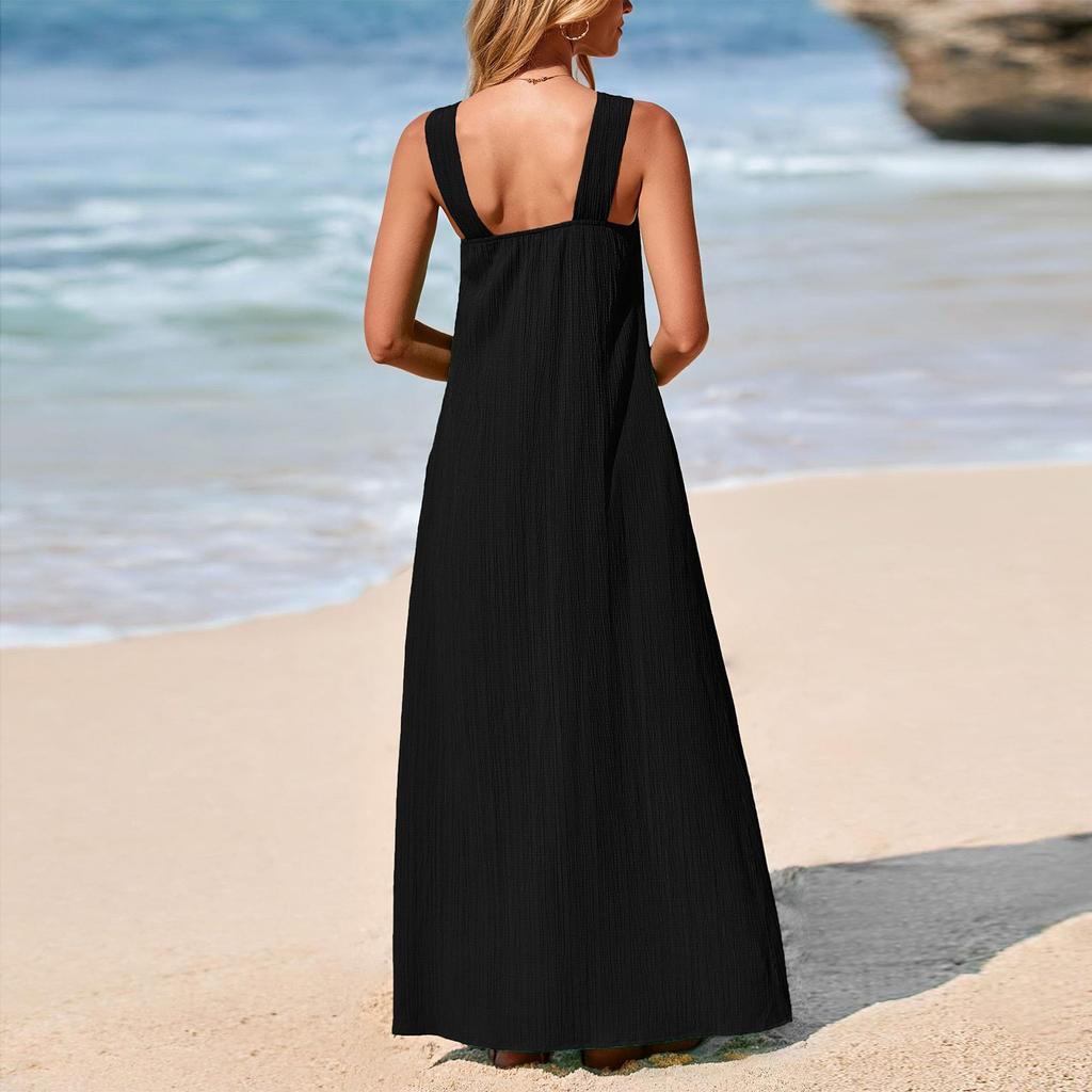 Dámské módní a sexy jednobarevné šaty s výstřihem do V, bez rukávů, na plážovou dovolenou, ležérní