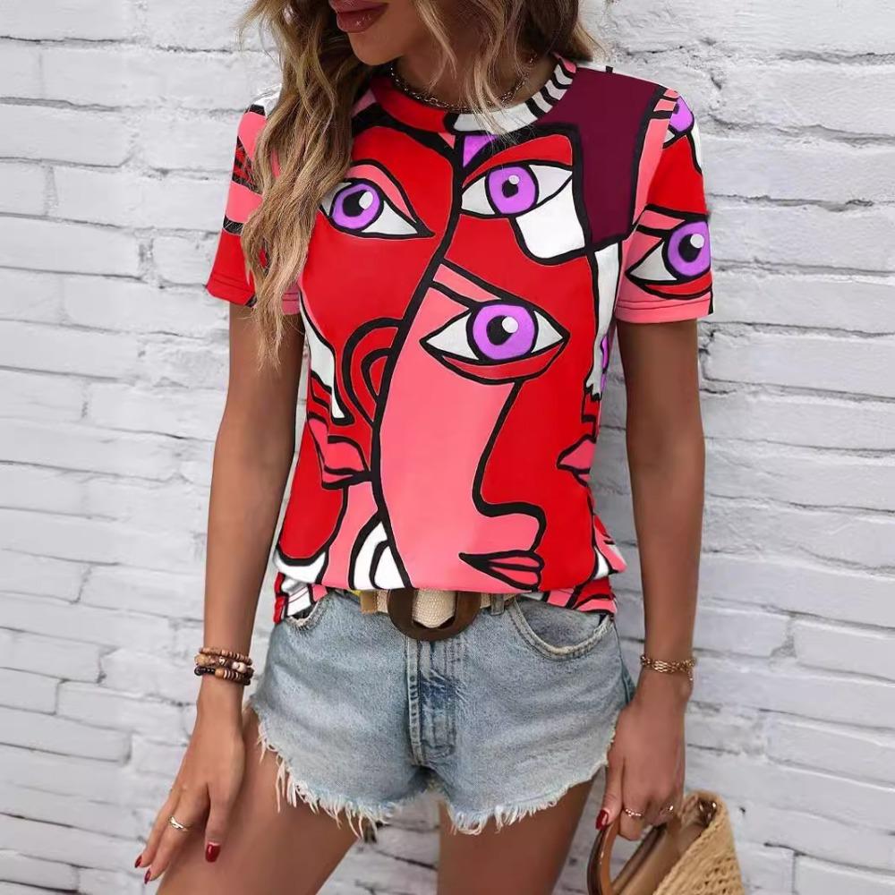 Abstract Portrait Art Pattern 3D Digital Printing Women's Casual Round Neck Short Sleeved T-shirt