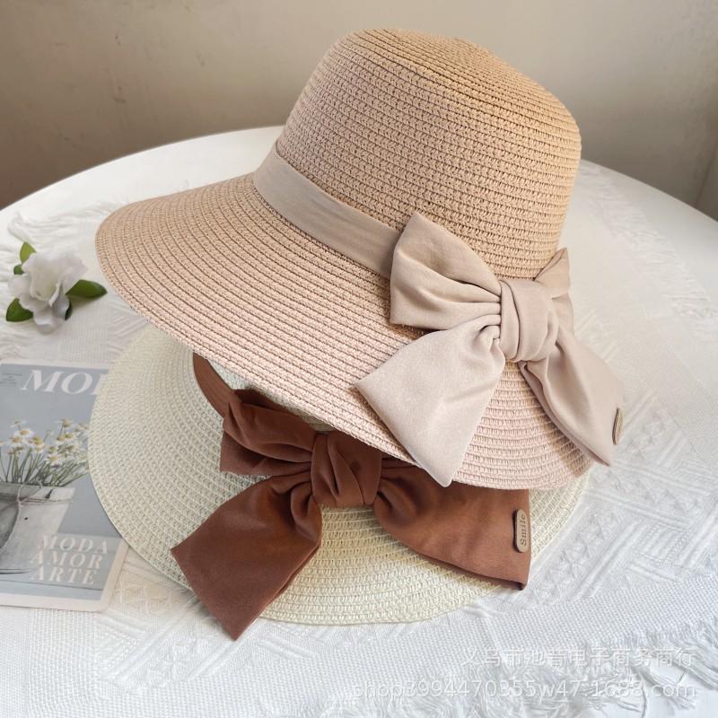 Hepburn style straw hat seaside vacation sun hat summer straw braided big brim temperament bow sun hat women's