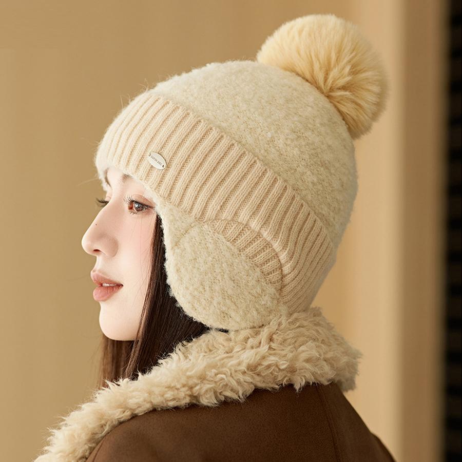 

Зимняя вязаная шапка женская, цветная, меховая, бейсболка, высокая эластичная, толстая, защита ушей, шерстяная, теплая шапка бежевый