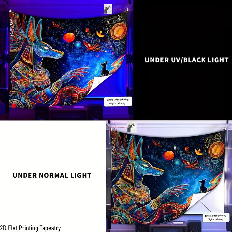 2D Blacklight Reactive Anubis Tapestry Trippy Egyptian Home Decor
