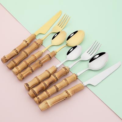 Conjunto de talheres de bambu de imitação vintage de 24 peças, conjunto de talheres de aço inoxidável, faca, garfos, colher de café, louça, talheres de cozinha