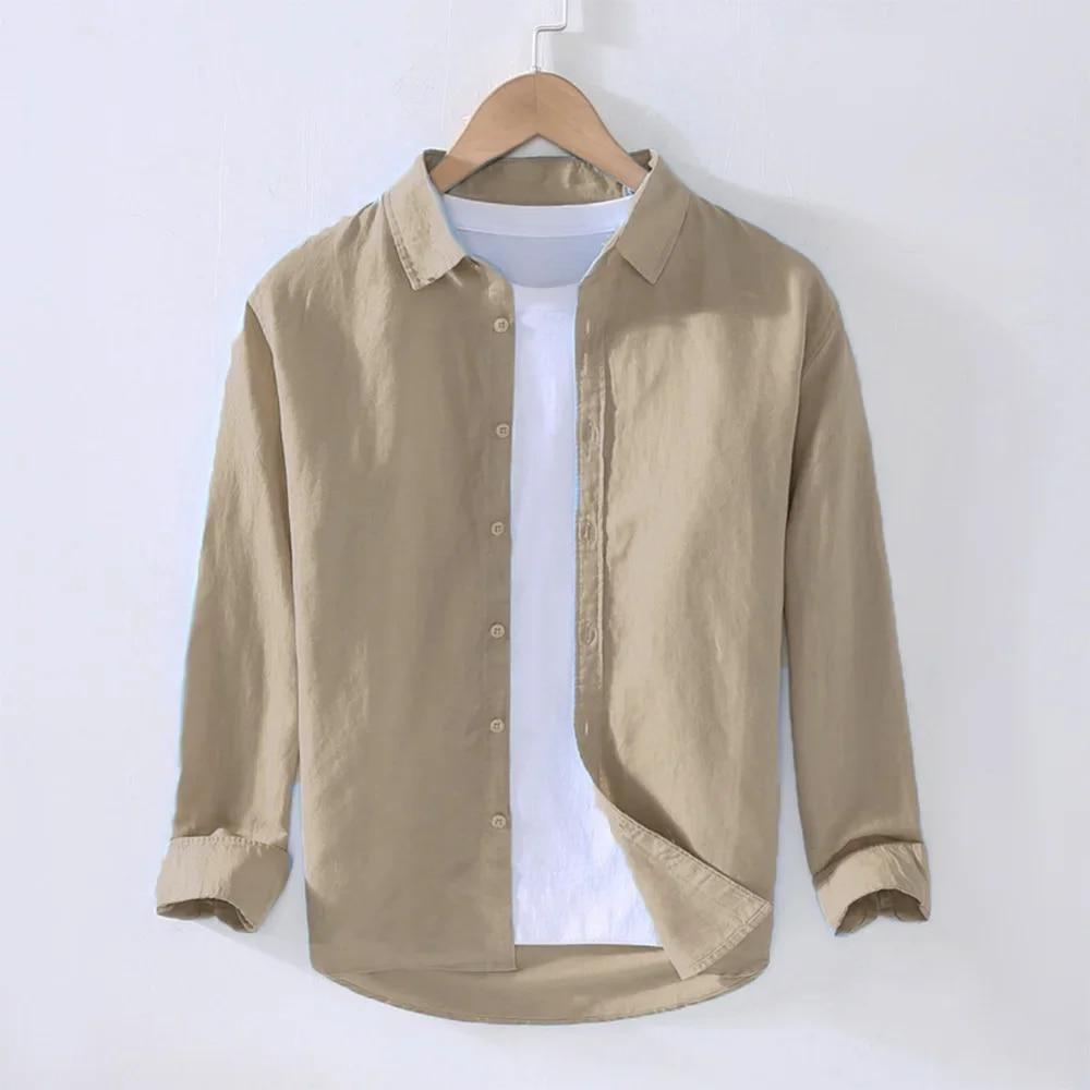 Autumn New Men's Shirt Cotton Linen Cozy Tops Men Casual Turn Down Collar Beach Shirt Male Long Sleeve Solid Hawaiian Shirts