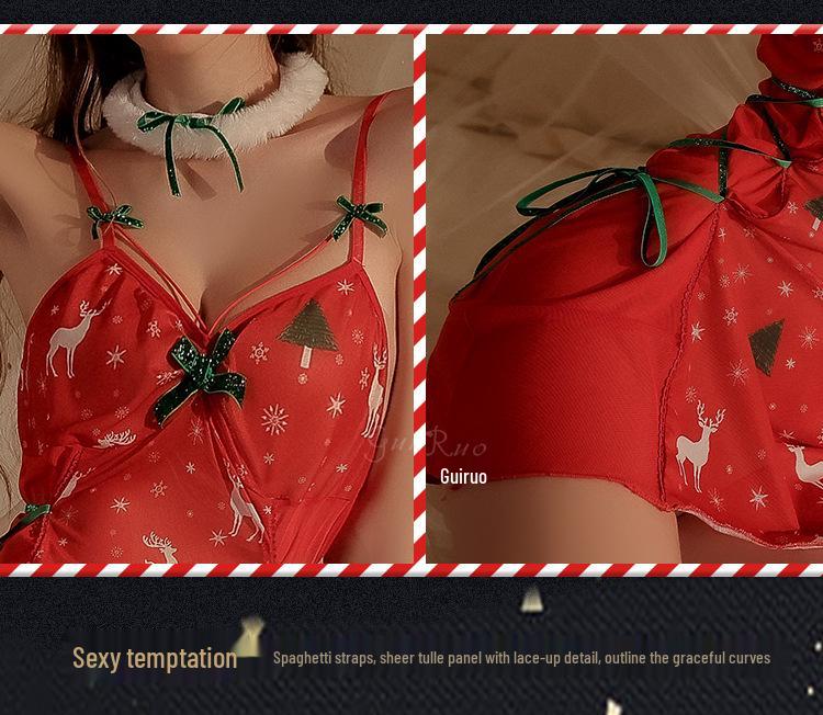 Übergröße Sexy Durchsichtiges Mesh Weihnachts-Dessous-Set mit Aufdruck - Rückenfreies Nachthemd