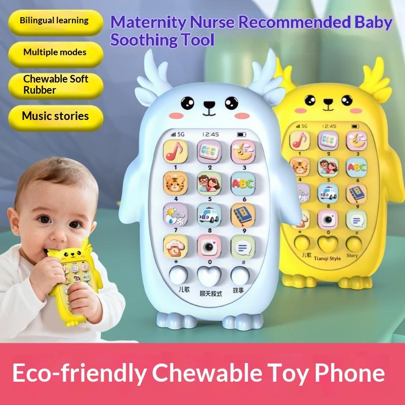 Cute Cartoon Deer Shape Baby Toy Phone Bilingual Learning Modes Chewable Soft Material Music Stories For Infant Early Education