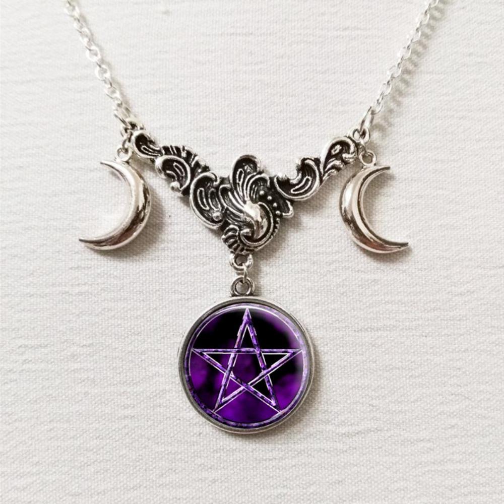 Retro Fashion Sliver Color Triple Moon Goddess Crescent Moon Crystal Glass Pendant Necklace for Women Amulet Charm Jewelry Gifts